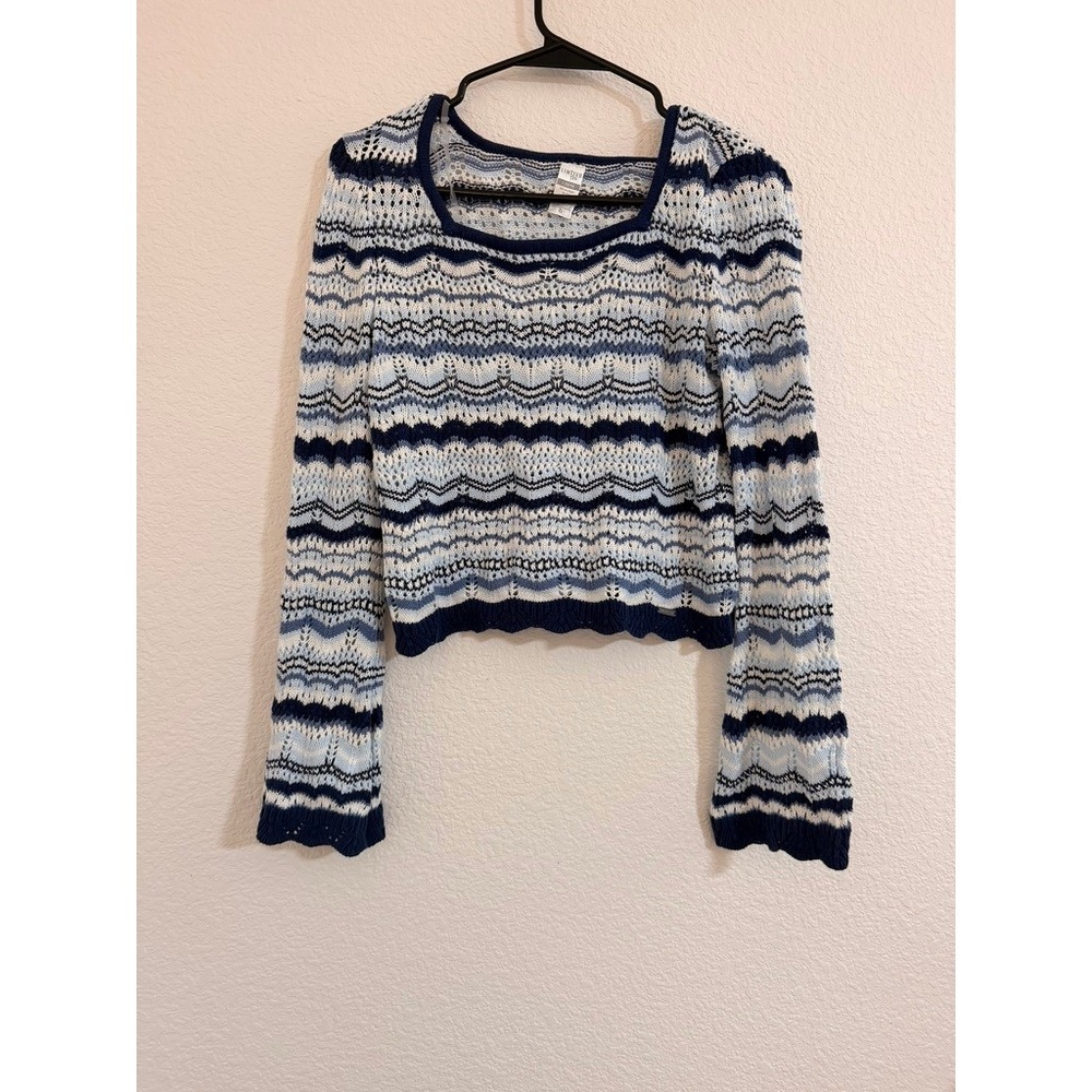 Limited Too Girls Blue White Chevron Pointelle Knit Cropped Sweater Size L 12 14